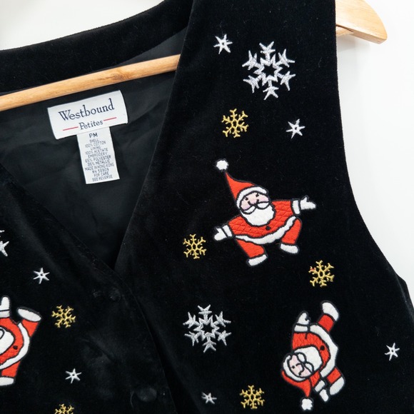 Vintage Christmas Santa Embroidered Vest Black Velvet Womens M Tacky Ugly Granny - Picture 5 of 6